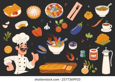 French food stickers set in flat graphic design. Collection elements of chef, wafers, ratatouille, cheese, oyster and shrimp, baguette bread, croissant, olive oil, coffee, other. Vector illustration.