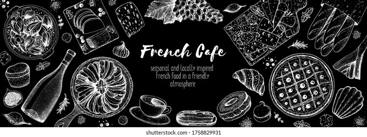 French food top view, Hand drawn. Classic French dishes.  Food menu design template. Hand drawn sketch vector illustration. Cheese, wine, bakery, desserts, gourmet food. 