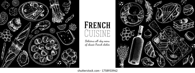 French food top view, Hand drawn. Classic French dishes. Food menu design template. Hand drawn sketch vector illustration. Cheese, wine, bakery, gourmet food.