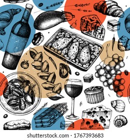 French Food Trendy Seamless Pattern. With Hand Drawn Wine, Meat Dishes, Desserts, And Snacks Sketches. French Cuisine Restaurant Or Store Vintage Background. Food And Drinks Backdrop In Collage Style