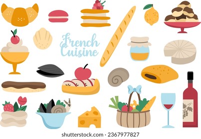 French food vector set. Collection with baguette, croissant, wine, eclair, cookie, cakes. Cute bakery of France icons with cheese, wine, basket, pies, mousse, macaroon
