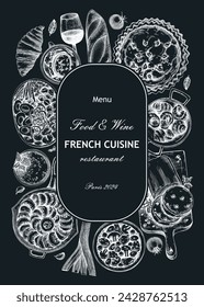 French food wreath design on chalkboard. Vintage food and wine sketches. European restaurant menu template. France background. Hand-drawn vector illustration, NOT AI generated