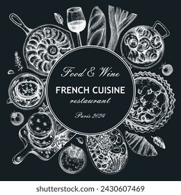 French food wreath design. Retro food and wine sketches on chalkboard. European restaurant menu template. France background. Hand-drawn vector illustration, NOT AI generated