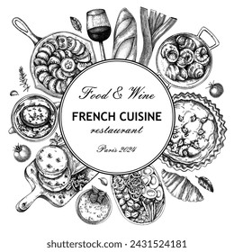 French food wreath design. Vintage food and wine sketches. European restaurant menu template. France background. Hand-drawn vector illustration, NOT AI generated