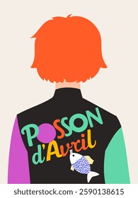 French Fool's Day. April fish on the back of redhead person. Bright vector illustration with lettering.