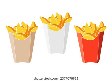 French free potatoes in package. Set of hand drawn fast food fried potatoes, isolated, white background.