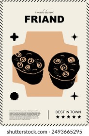 French friand. Price tag or poster design. Set of vector illustrations. Typography. Engraving style. Labels, cover, t-shirt print, painting.	