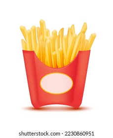 French fried in cardboard or paper buckets red isolated on a white background. Fast food. Realistic 3D Vector illustration.