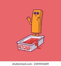 French fried character jumping to a ketchup container vector illustration. Food, funny, brand design concept.