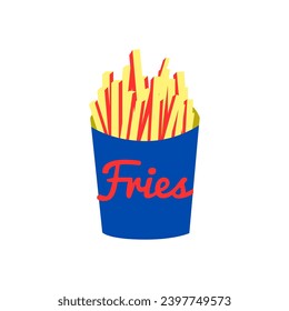 French fried potato in a blue pack box. Fast food, junk. Cartoon vector illustration.