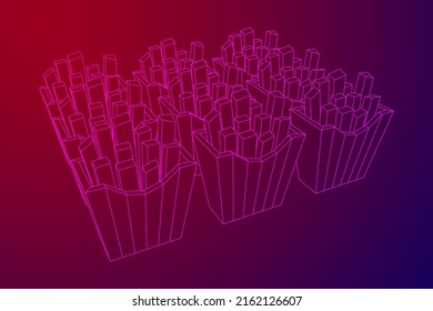 French fried potato in pack box. Fast food, junk. Wireframe low poly mesh vector illustration