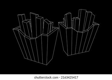 French fried potato in pack box. Fast food, junk. Wireframe low poly mesh vector illustration