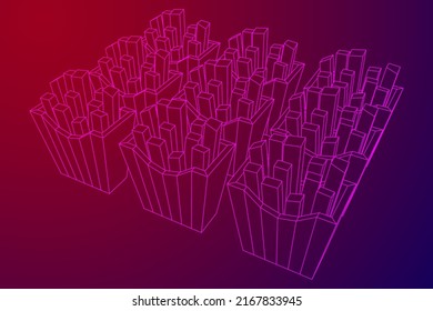 Patata frita en caja de empacar. Comida rápida, basura. Ilustración vectorial de malla baja de malla de alambre