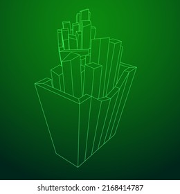 Patata frita en caja de empacar. Comida rápida, basura. Ilustración vectorial de malla baja de malla de alambre