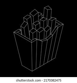 French fried potato in pack box. Fast food, junk. Wireframe low poly mesh vector illustration