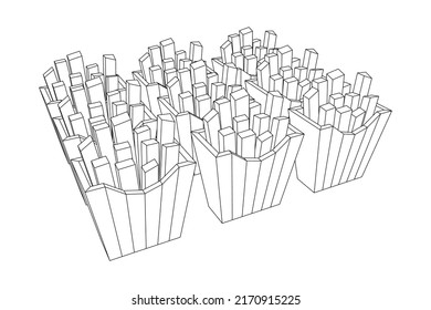 Patata frita en caja de empacar. Comida rápida, basura. Ilustración vectorial de malla baja de malla de alambre