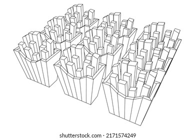 Pommes frites Kartoffel in Packung. Fast Food, Müll. Wireframe Low-Poly-Mesh, Vektorgrafik