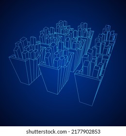 French fried potato in pack box. Fast food, junk. Wireframe low poly mesh vector illustration