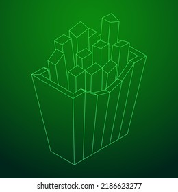 French fried potato in pack box. Fast food, junk. Wireframe low poly mesh vector illustration