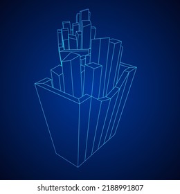 French fried potato in pack box. Fast food, junk. Wireframe low poly mesh vector illustration