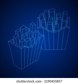 French fried potato in pack box. Fast food, junk. Wireframe low poly mesh vector illustration