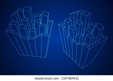 French fried potato in pack box. Fast food, junk. Wireframe low poly mesh vector illustration