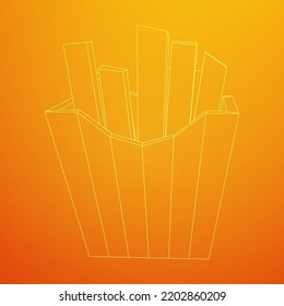 Pommes frites Kartoffel in Packung. Fast Food, Müll. Wireframe Low-Poly-Mesh, Vektorgrafik