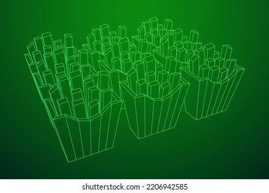 French fried potato in pack box. Fast food, junk. Wireframe low poly mesh vector illustration