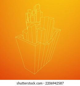 French fried potato in pack box. Fast food, junk. Wireframe low poly mesh vector illustration