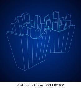 French fried potato in pack box. Fast food, junk. Wireframe low poly mesh vector illustration