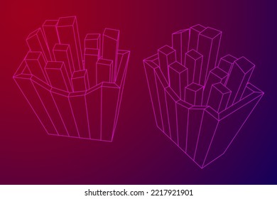 French fried potato in pack box. Fast food, junk. Wireframe low poly mesh vector illustration