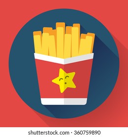 French fried potato in paper box. Fast food vector icon. Flat designed style