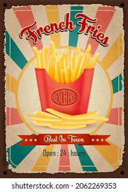French fried  vintage restaurant sign. Fast food vintage poster. Retro design with big hamburger on old metal background red and turquoise colors. Wall decoration printing media. Vector EPS10.