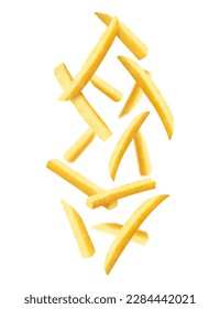 French fries background. Fast food banner. Flying french fries potatoes with blurry effect isolated on white. Junk food. Falling roasted vegetable pieces. Realistic 3d vector illustration