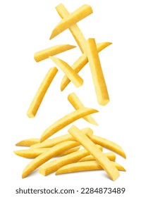 French fries background. Fast food banner. Flying french fries potatoes with blurry effect isolated on white. Junk food. Falling roasted vegetable pieces. Realistic 3d vector illustration