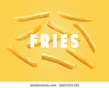 French fries background. Fast food banner. Flying French fries potatoes on color background