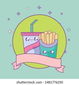 french fries and beverage in frame circular with ribbon kawaii style