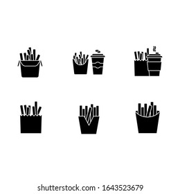 French fries black glyph icons set on white space. Fast food cafe menu. Fried potato in takeout paper packages. Take away meal and coffee to go. Silhouette symbols. Vector isolated illustration