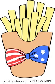French Fries with Bow in American Flag Pattern Doodle Outline
