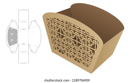 French Fries Bowl Box With Stenciled Pattern Die Cut Template And 3D Mockup