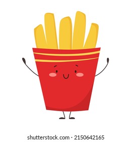 French fries in a box with a cute funny face. Fried potato sticks in a package with a smile. Happy french fries character, vector.