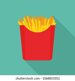 French fries in box in flat style on blue background with shadow