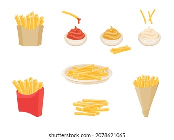 French fries in box. Fried potatoes, potato chips on plate and paper cone, fast food red cardboard, dipping sauce ketchup, mayonnaise and mustard, cartoon set vector. Illustration of snack food potato