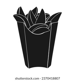 French fries in box. Icon black silhouette drawing. Vector illustration isolated on white background.