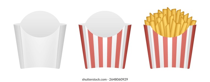 French fries box mockup. White and red striped paper packaging for fast food products	