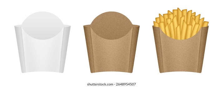 Batatas fritas maquete caixa. Embalagem de papel kraft branco e marrom para produtos de fast food