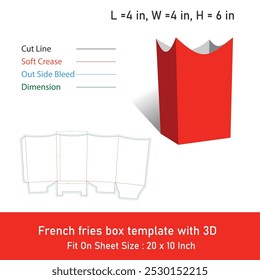 Plantilla de caja de papas fritas francesas con 3D, archivo de Vector