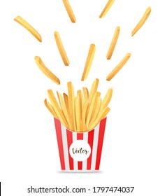 French fries in box template design, spread out into the air isolated on white background Eps 10 vector illustration
