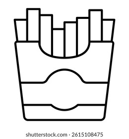 French fries box thin line icon, fried fastfood concept. Vector graphics. Potatoes bucket sign on white background, linear style mobile or design