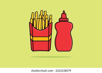 French Fries in Fries Box with Tomato Sauce Bottle vector illustration. Fast Food icon concept. Children potato food vector design.